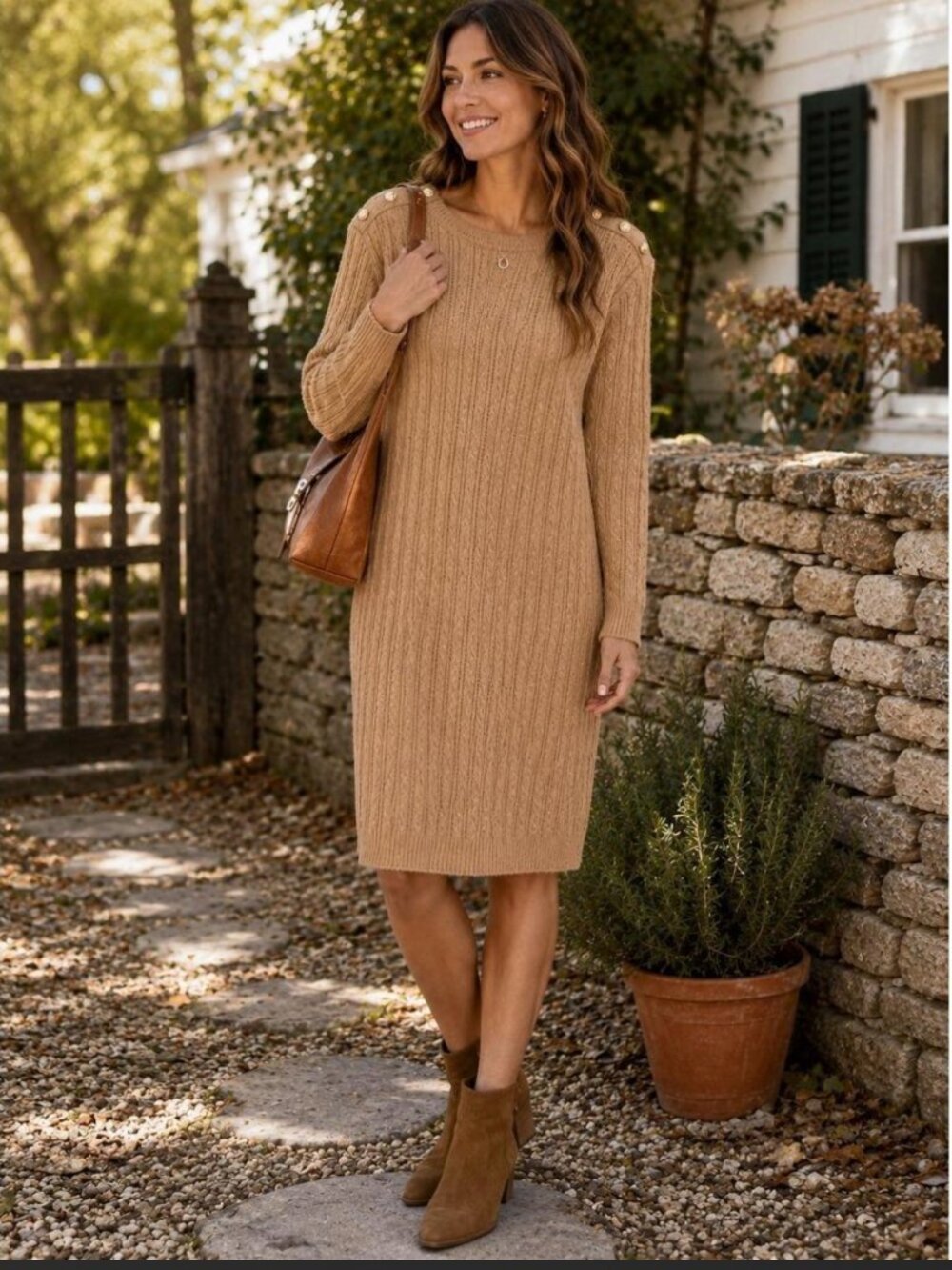 Talbots beige cable knit sweater dress long sleeve size medium petite A16